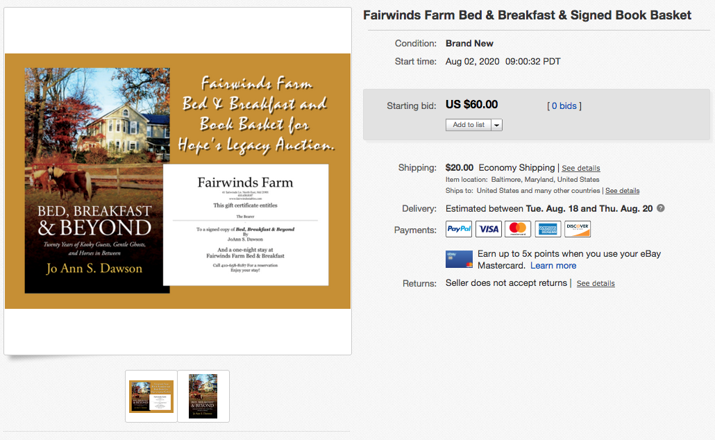 Hope’s Legacy Auction – Fairwinds Farm Bed & Breakfast & Signed Book Basket