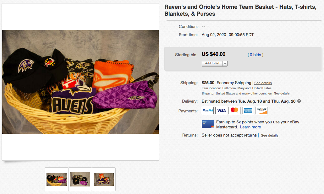 Hope’s Legacy Auction – Raven’s and Oriole’s Home Team Basket – Hats, T-shirts, Blankets, & Purses