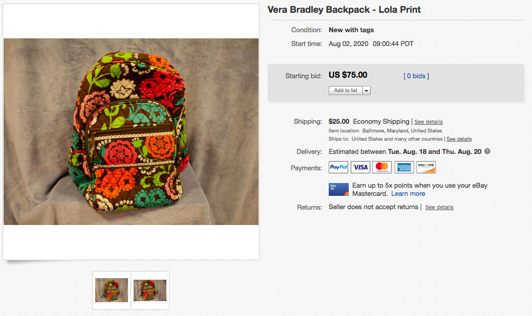 Hope’s Legacy Auction – Vera Bradley Backpack – Lola Print