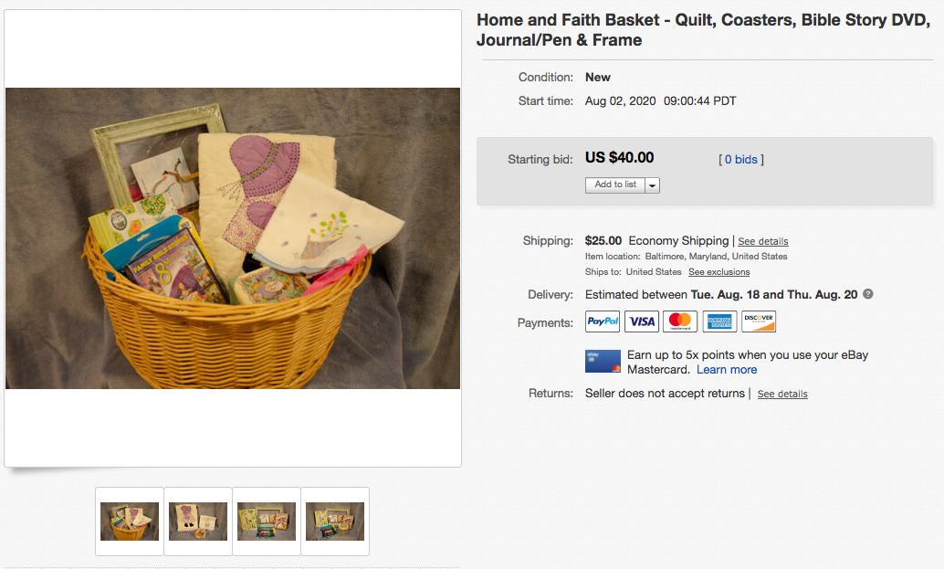 Hope’s Legacy Auction – Home and Faith Basket – Quilt, Coasters, Bible Story DVD, Journal/Pen & Frame