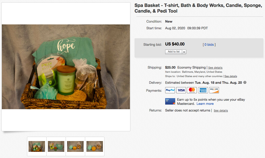 Hope’s Legacy Auction – Spa Basket – T-shirt, Bath & Body Works, Candle, Sponge, Candle, & Pedi Tool