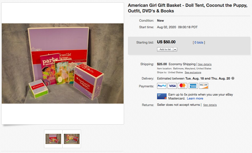 Hope’s Legacy Auction – American Girl Gift Basket – Doll Tent, Coconut the Puppy, Outfit, DVD’s & Books