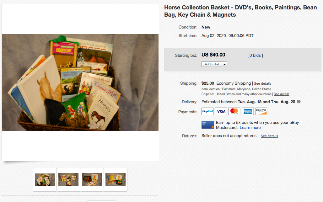 Hope’s Legacy Auction – Horse Collection Basket – DVD’s, Books, Paintings, Bean Bag, Key Chain & Magnets