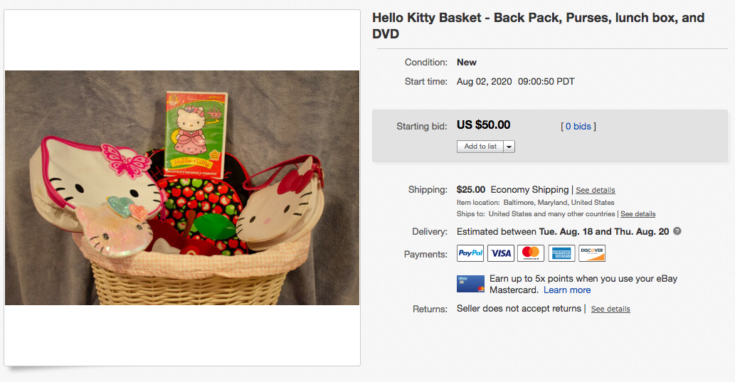 Hope’s Legacy Auction – Hello Kitty Basket – Back Pack, Purses, lunch box, and DVD